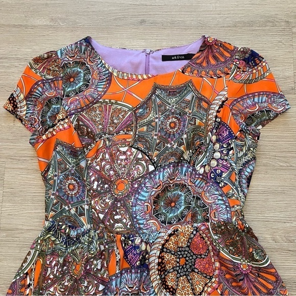Ark & Co A-Line Cap Sleeve Mini Dress Boho Orange Multicolor Lined Back Zip Sz L - Picture 2 of 11